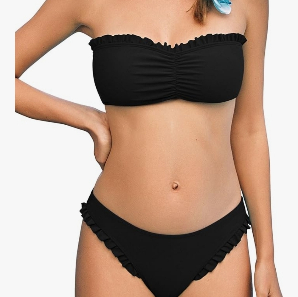 ZAFUL Bikini Sets Textured Strapless Color Block Bandeau Swimsuits 2 Pc.